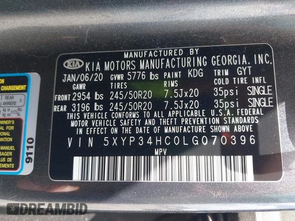 2020 Kia Telluride EX with VIN 5XYP34HC0LG070396, listed as a IAAI auction lot 42565412 with 69,739 mi miles and . Bid and sale history available at DreamBid. Image 9.