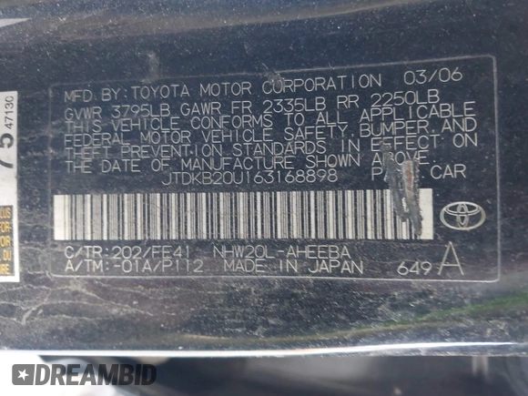 2006 Toyota Prius with VIN JTDKB20U163168898, listed as a IAAI auction lot 40875261 with Not Provided miles. Bid and sale history available at carsss.com. Image 9.