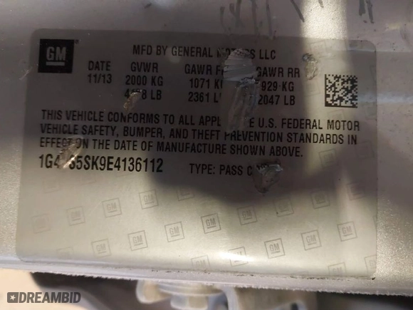 2014 Buick Verano Leather Group with VIN 1G4PS5SK9E4136112, listed as a IAAI auction lot 41259765 with 155,906 mi miles. Bid and sale history available at carsss.com. Image 9.
