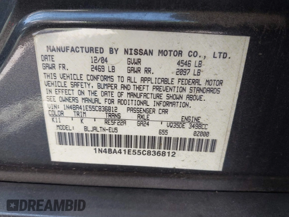2005 Nissan Maxima SE z VIN 1N4BA41E55C836812, wystawiony jako IAAI lot #42433720 z przebiegiem Nie podano mil oraz . Historia ofert i sprzedaży dostępna na DreamBid. Obrazek 9.