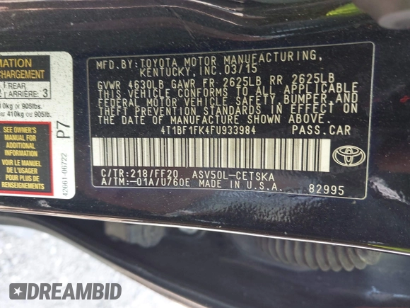 2015 Toyota Camry XLE z VIN 4T1BF1FK4FU933984, wystawiony jako IAAI lot #42121695 z przebiegiem Nie podano mil oraz . Historia ofert i sprzedaży dostępna na DreamBid. Obrazek 9.