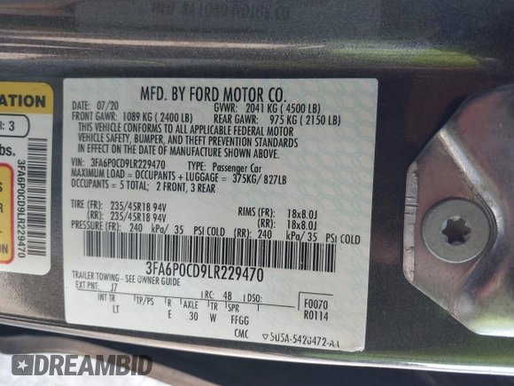 2020 Ford Fusion SEL with VIN 3FA6P0CD9LR229470, listed as a IAAI auction lot 42518855 with 67,088 mi miles and . Bid and sale history available at DreamBid. Image 9.