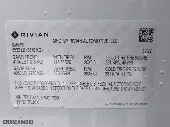 2023 Rivian R1T Launch Edition with VIN 7FCTGAAL3PN017339, listed as a IAAI auction lot 42041423 with 15,098 mi miles. Bid and sale history available at carsss.com. Image 9.