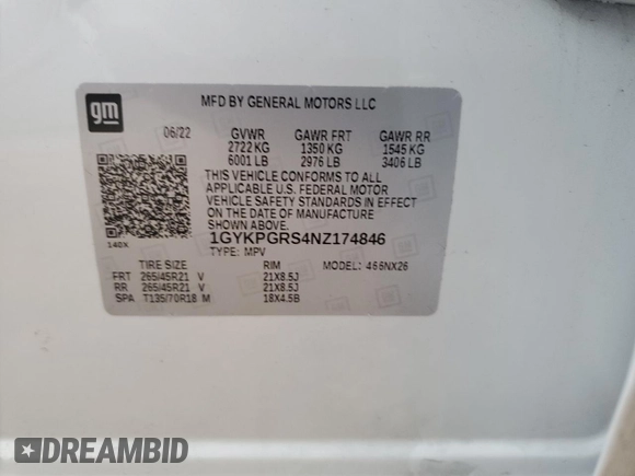 2022 Cadillac XT6 Sport with VIN 1GYKPGRS4NZ174846, listed as a Copart auction lot 64271474 with 57,891 mi miles and Salvage Title. Bid and sale history available at carsss.com. Image 14.