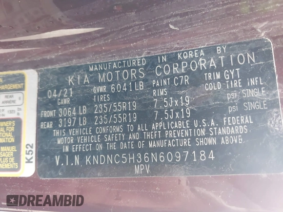 2022 Kia Carnival EX with VIN KNDNC5H36N6097184, listed as a IAAI auction lot 41024289 with 58,722 mi miles and . Bid and sale history available at DreamBid. Image 9.