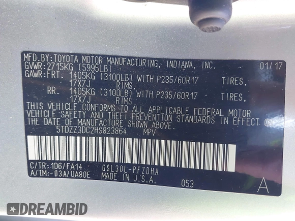 2017 Toyota Sienna L with VIN 5TDZZ3DC2HS823864, listed as a IAAI auction lot 41640613 with 194,318 mi miles and . Bid and sale history available at DreamBid. Image 9.