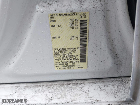 2013 Nissan Altima 2.5 SL with VIN 1N4AL3AP0DC106046, listed as a IAAI auction lot 41832840 with 98,522 mi miles. Bid and sale history available at carsss.com. Image 9.