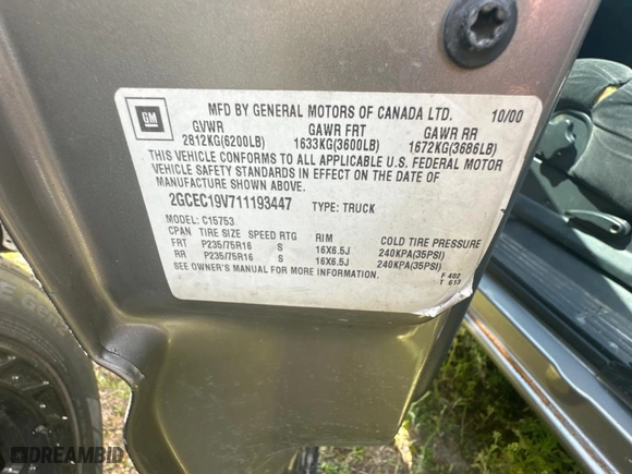2001 Chevrolet Silverado 1500 LS with VIN 2GCEC19V711193447, listed as a Copart auction lot 49501445 with 221,700 mi miles and Salvage Title. Bid and sale history available at carsss.com. Image 10.