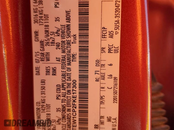 2015 Ford F-150 XL z VIN 1FTEW1CP2FKE17300, wystawiony jako Copart lot #64208215 z przebiegiem 141 813 mil mil oraz Szkoda całkowita • Salvage title. Historia ofert i sprzedaży dostępna na DreamBid. Obrazek 12.
