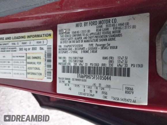 2015 Ford Fusion SE with VIN 1FA6P0H75F5105044, listed as a IAAI auction lot 41851206 with 307,691 mi miles and . Bid and sale history available at DreamBid. Image 9.