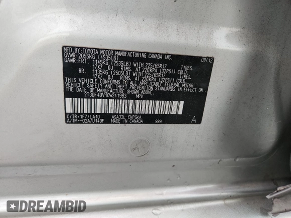 2012 Toyota RAV4 Limited с VIN 2T3DF4DV1CW241983, выставлен на аукционе Copart как лот 60022505 с пробегом 116 289 миль миль и Списание • Salvage title. История ставок и продаж доступна на DreamBid. Изображение 12.