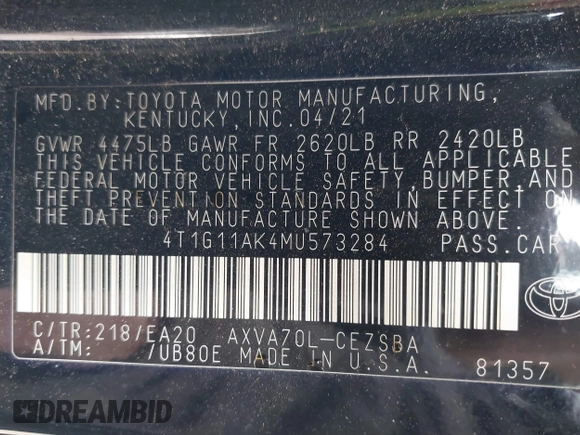 2021 Toyota Camry SE Nightshade with VIN 4T1G11AK4MU573284, listed as a IAAI auction lot 41701923 with 130,160 mi miles. Bid and sale history available at carsss.com. Image 9.
