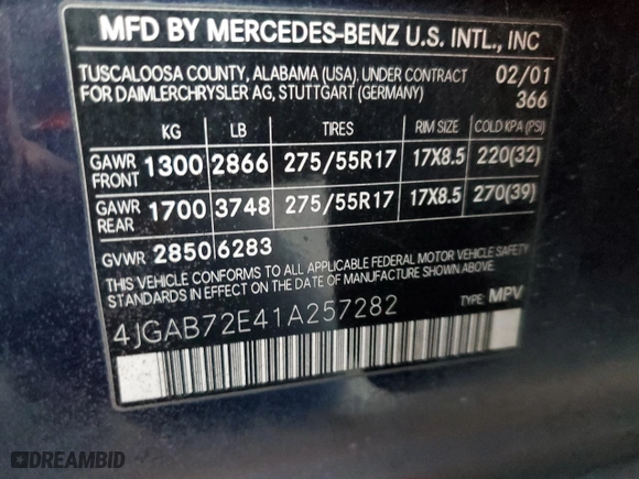 2001 Mercedes-Benz M-Class with VIN 4JGAB72E41A257282, listed as a Copart auction lot 82562194 with 149,689 mi miles and Non Repairable. Bid and sale history available at carsss.com. Image 14.