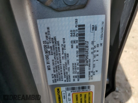 2018 Ford Fusion SE z VIN 3FA6P0HD3JR238137, wystawiony jako Copart lot #54828205 z przebiegiem 131 221 mil mil oraz Szkoda całkowita • Salvage title. Historia ofert i sprzedaży dostępna na DreamBid. Obrazek 13.