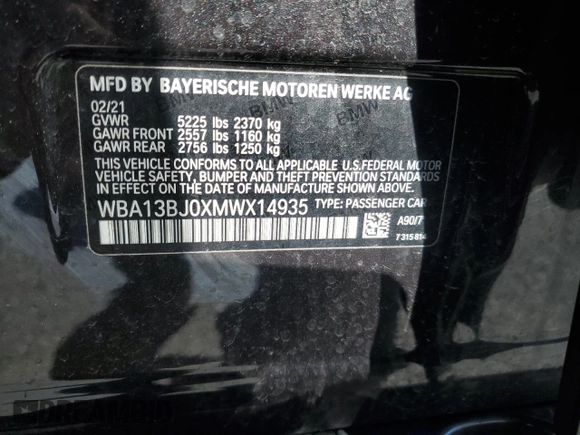 2021 BMW 5 Series 530i xDrive with VIN WBA13BJ0XMWX14935, listed as a Copart auction lot 49419975 with Not Provided miles and Clean Title. Bid and sale history available at carsss.com. Image 12.