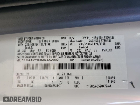 2021 Ford Transit Passenger XL с VIN 1FBAX2Y83MKA52002, выставлен на аукционе Copart как лот 84449034 с пробегом 69 848 миль миль и Чистый • Clean title. История ставок и продаж доступна на DreamBid. Изображение 14.