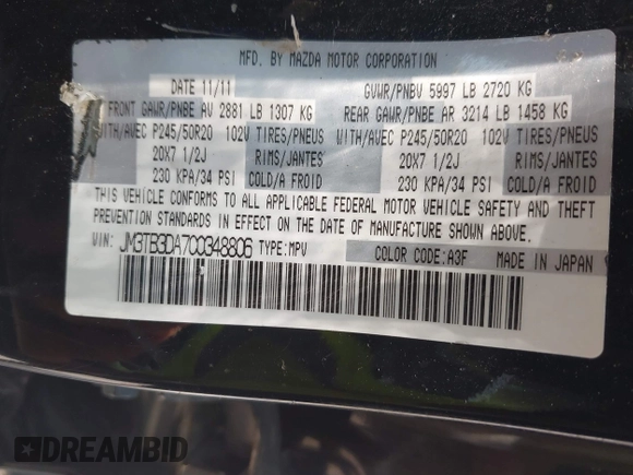 2012 Mazda CX-9 Grand Touring with VIN JM3TB3DA7C0348806, listed as a IAAI auction lot 42608518 with 229,337 mi miles and . Bid and sale history available at DreamBid. Image 9.