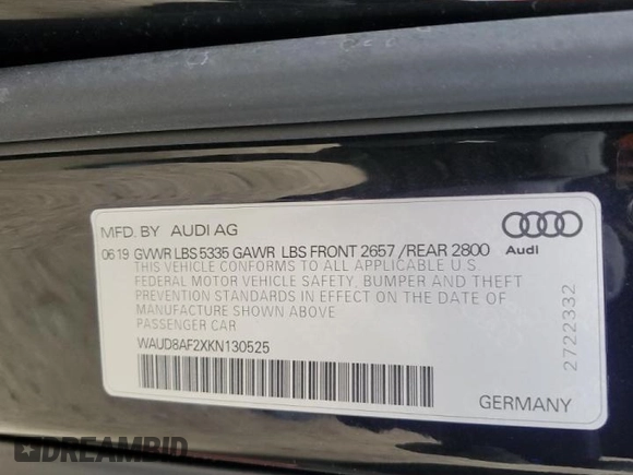 2019 Audi A6 Premium with VIN WAUD8AF2XKN130525, listed as a Copart auction lot 45098365 with 56,793 mi miles and Salvage Title. Bid and sale history available at carsss.com. Image 12.