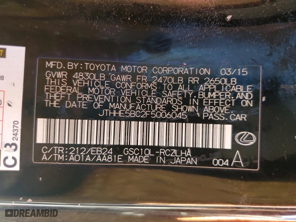 2015 Lexus RC 350 with VIN JTHHE5BC2F5006045, listed as a Copart auction lot 81474804 with 82,630 mi miles and Salvage Title. Bid and sale history available at carsss.com. Image 13.