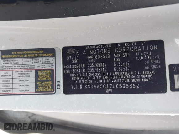 2020 Kia Sedona L with VIN KNDMA5C17L6595852, listed as a IAAI auction lot 41566584 with 102,712 mi miles. Bid and sale history available at carsss.com. Image 9.