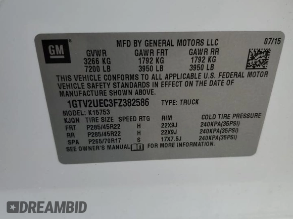 2015 GMC Sierra 1500 SLE z VIN 1GTV2UEC3FZ382586, wystawiony jako Copart lot #57219275 z przebiegiem 155 618 mil mil oraz Czysty tytuł • Clean title. Historia ofert i sprzedaży dostępna na DreamBid. Obrazek 12.