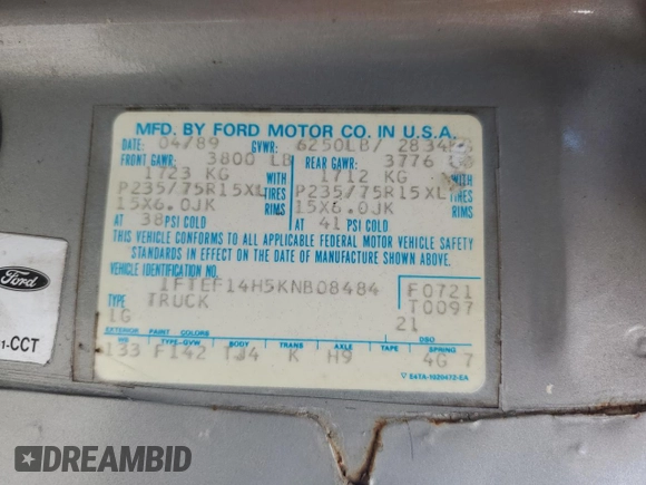 1989 Ford F-150 with VIN 1FTEF14H5KNB08484, listed as a Copart auction lot 57740504 with 69,414 mi miles and Salvage Title. Bid and sale history available at carsss.com. Image 12.