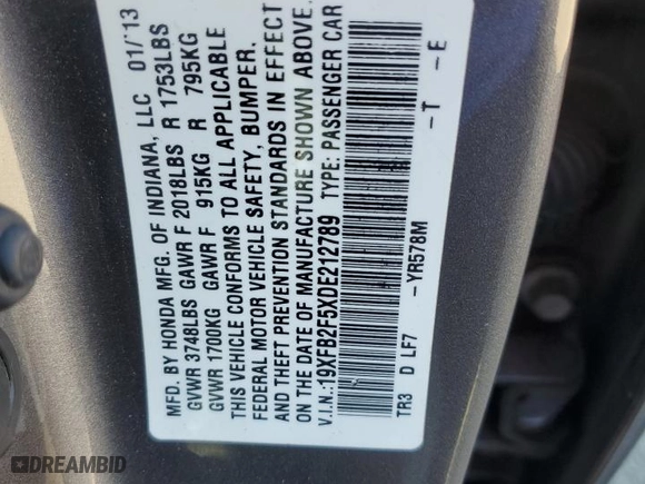 2013 Honda Civic Sdn LX with VIN 19XFB2F5XDE212789, listed as a Copart auction lot 44382615 with 171,029 mi miles and Salvage Title. Bid and sale history available at carsss.com. Image 12.