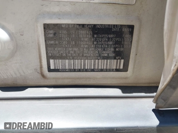 2010 Subaru Outback Premium with VIN 4S4BRBBC8A3327467, listed as a IAAI auction lot 42552495 with 211,484 mi miles and . Bid and sale history available at DreamBid. Image 9.
