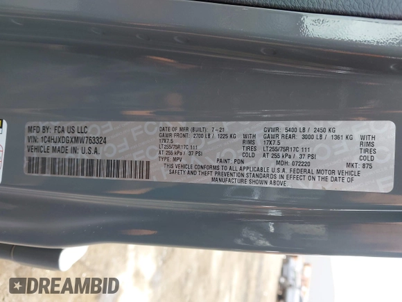 2021 Jeep Wrangler Unlimited Willys with VIN 1C4HJXDGXMW763324, listed as a IAAI auction lot 41643296 with 22,599 mi miles and . Bid and sale history available at DreamBid. Image 9.