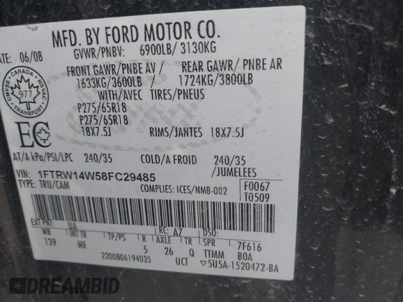 2008 Ford F-150 XL with VIN 1FTRW14W58FC29485, listed as a IAAI auction lot 41708554 with 297,244 mi miles. Bid and sale history available at carsss.com. Image 9.