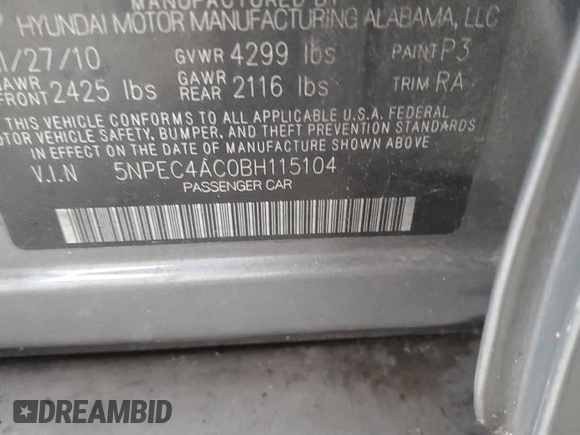 2011 Hyundai Sonata SE with VIN 5NPEC4AC0BH115104, listed as a Copart auction lot 47954145 with 264,278 mi miles and Salvage Title. Bid and sale history available at carsss.com. Image 14.