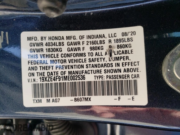 2021 Honda Insight Touring with VIN 19XZE4F91ME002536, listed as a Copart auction lot 49817205 with 48,178 mi miles and Salvage Title. Bid and sale history available at carsss.com. Image 12.