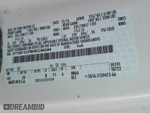2017 Ford F-150 XL z VIN 1FTMF1CP8HKC54344, wystawiony jako Copart lot #57599445 z przebiegiem 85 997 mil mil oraz Szkoda całkowita • Salvage title. Historia ofert i sprzedaży dostępna na DreamBid. Obrazek 12.