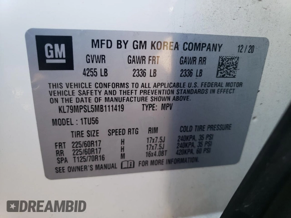 2021 Chevrolet TrailBlazer LT with VIN KL79MPSL5MB111419, listed as a Copart auction lot 70817134 with 57,069 mi miles and Salvage Title. Bid and sale history available at DreamBid. Image 14.