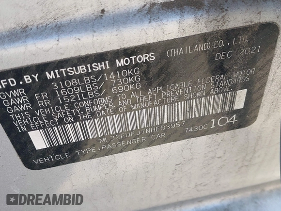 2022 Mitsubishi Mirage ES с VIN ML32FUFJ7NHF03957, выставлен на аукционе IAAI как лот 42012503 с пробегом 45 019 миль миль и . История ставок и продаж доступна на DreamBid. Изображение 9.