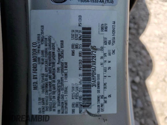 2010 Ford Fusion SE z VIN 3FAHP0HA7AR287260, wystawiony jako Copart lot #59298685 z przebiegiem 231 642 mil mil oraz Szkoda całkowita • Salvage title. Historia ofert i sprzedaży dostępna na DreamBid. Obrazek 12.
