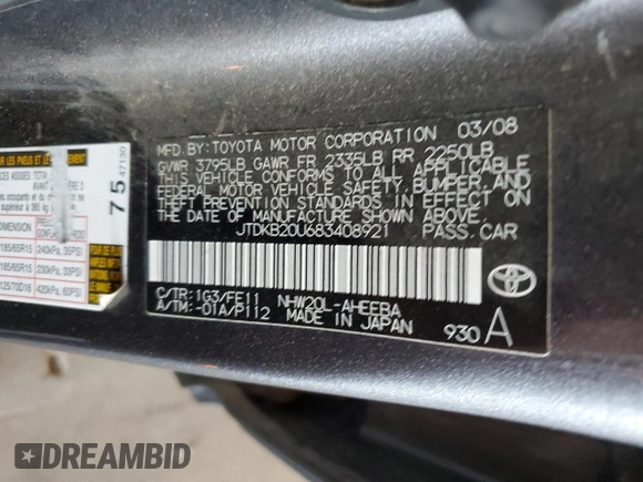 2008 Toyota Prius с VIN JTDKB20U683408921, выставлен на аукционе Copart как лот 64044915 с пробегом 226 562 миль миль и Списание • Salvage title. История ставок и продаж доступна на DreamBid. Изображение 13.