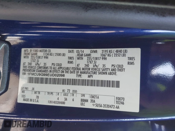 2014 Ford Escape SE with VIN 1FMCU9G99EUD02098, listed as a IAAI auction lot 41814969 with 210,218 mi miles and . Bid and sale history available at DreamBid. Image 9.