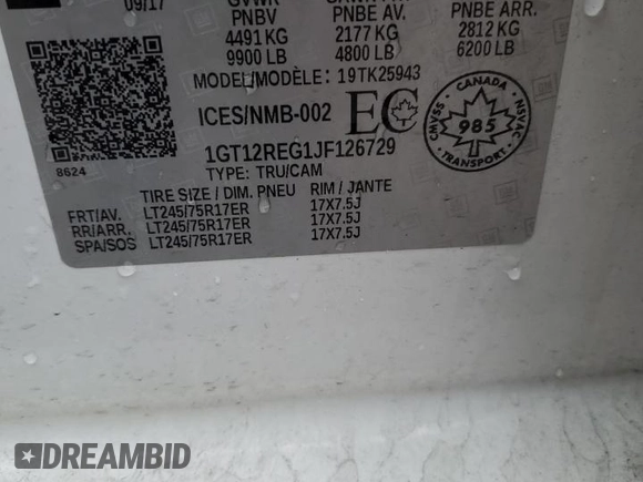 2018 GMC Sierra 2500HD z VIN 1GT12REG1JF126729, wystawiony jako Copart lot #84289454 z przebiegiem Nie podano mil oraz Szkoda całkowita • Salvage title. Historia ofert i sprzedaży dostępna na DreamBid. Obrazek 12.