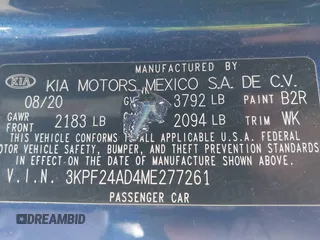 2021 Kia Forte LXS with VIN 3KPF24AD4ME277261, listed as a IAAI auction lot 42230195 with 86,515 mi miles and . Bid and sale history available at DreamBid. Image 9.
