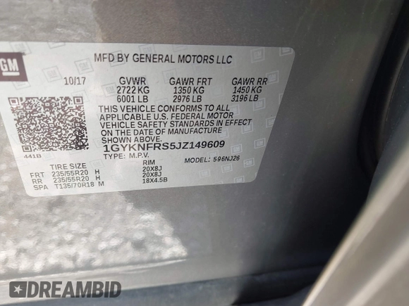 2018 Cadillac XT5 Premium Luxury AWD with VIN 1GYKNFRS5JZ149609, listed as a IAAI auction lot 41936030 with 123,196 mi miles and . Bid and sale history available at DreamBid. Image 9.