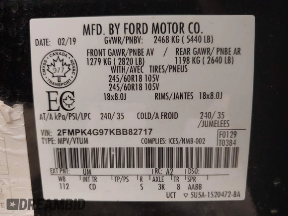 2019 Ford Edge SE with VIN 2FMPK4G97KBB82717, listed as a IAAI auction lot 42385647 with 102,616 mi miles and . Bid and sale history available at DreamBid. Image 9.