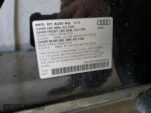 2015 Audi Q3 2.0T Premium Plus with VIN WA1EFCFS9FR008563, listed as a Copart auction lot 49337695 with 103,358 mi miles and Non Repairable. Bid and sale history available at carsss.com. Image 14.