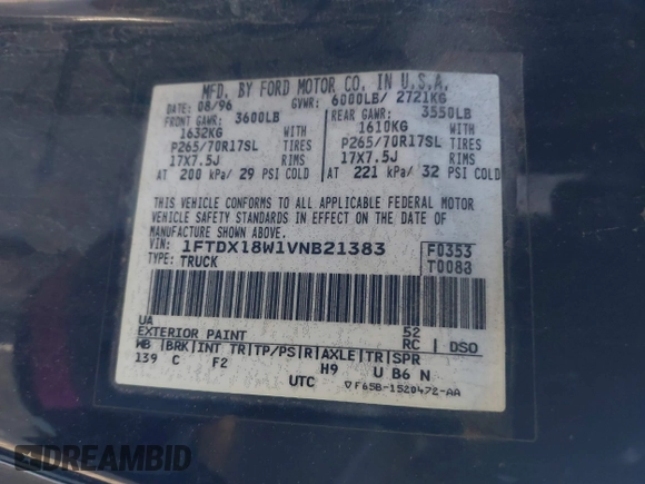 1997 Ford F-150 XL with VIN 1FTDX18W1VNB21383, listed as a IAAI auction lot 41378608 with 155,453 mi miles. Bid and sale history available at carsss.com. Image 9.