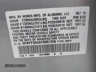 2015 Honda Pilot EX-L with VIN 5FNYF3H68FB001256, listed as a IAAI auction lot 42028966 with 277,927 mi miles and . Bid and sale history available at carsss.com. Image 9.