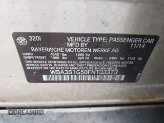 2015 BMW 3 Series 320i with VIN WBA3B1G58FNT03373, listed as a IAAI auction lot 41843859 with 98,439 mi miles. Bid and sale history available at carsss.com. Image 9.