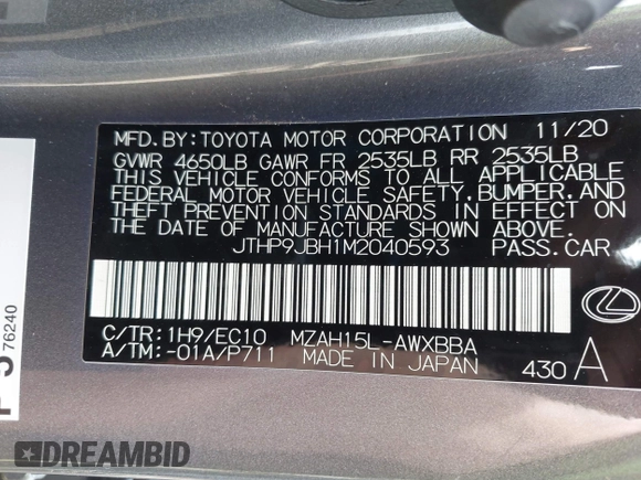 2021 Lexus UX 250h with VIN JTHP9JBH1M2040593, listed as a IAAI auction lot 42024493 with 33,394 mi miles and . Bid and sale history available at DreamBid. Image 9.