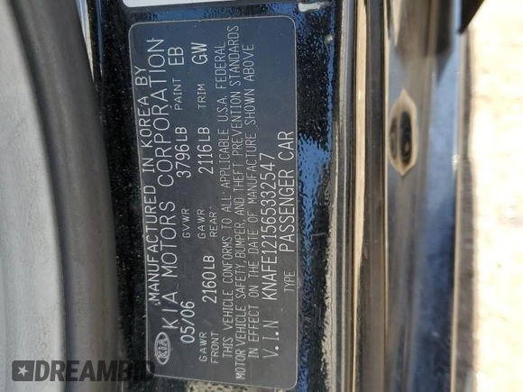 2006 Kia Spectra EX with VIN KNAFE121565332547, listed as a Copart auction lot 73562144 with 155,418 mi miles and Non Repairable. Bid and sale history available at carsss.com. Image 14.