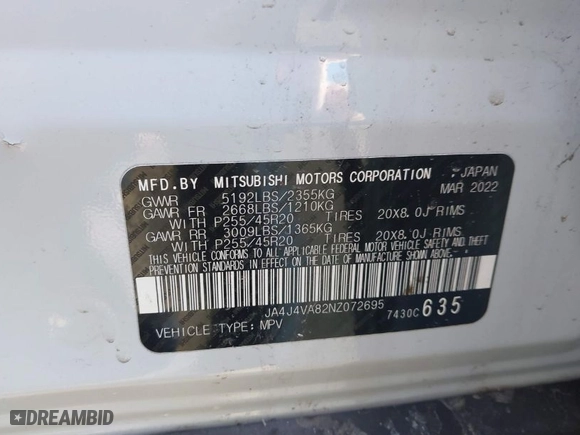 2022 Mitsubishi Outlander SEL with VIN JA4J4VA82NZ072695, listed as a IAAI auction lot 41644500 with 55,331 mi miles. Bid and sale history available at carsss.com. Image 9.