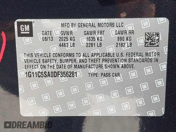 2013 Chevrolet Malibu LT with VIN 1G11C5SA0DF356281, listed as a IAAI auction lot 42091329 with 147,859 mi miles and . Bid and sale history available at DreamBid. Image 9.